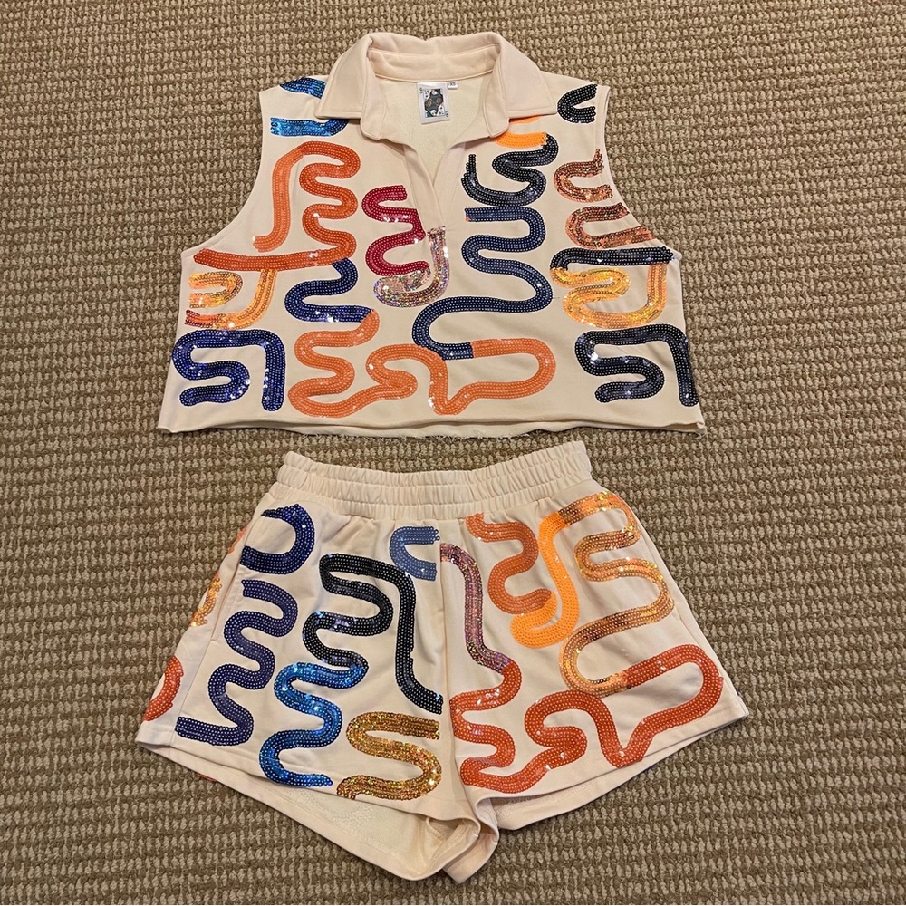 Queen of Sparkles Navy and Orange Squiggle Sequin Set XS - Picture 3 of 11